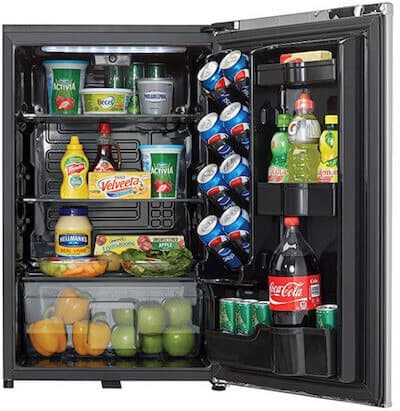 Danby chiller with door open exposing food and drinks