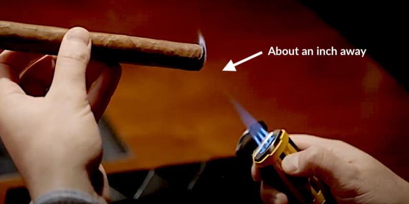The distance a torch flame should be from the cigar foot