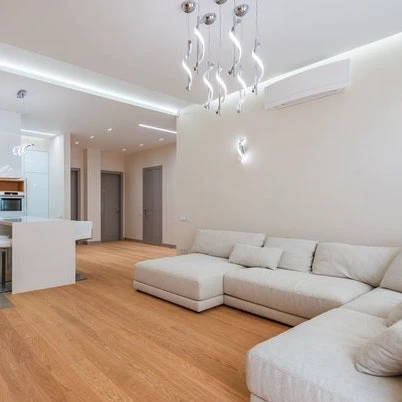 modern room with laminate flooring