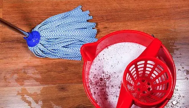 mop and bucket on wooden floor