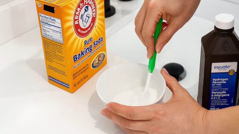 Preparing a baking soda and hydrogen peroxide paste for cleaning shower tiles and grout on a bathroom countertop.