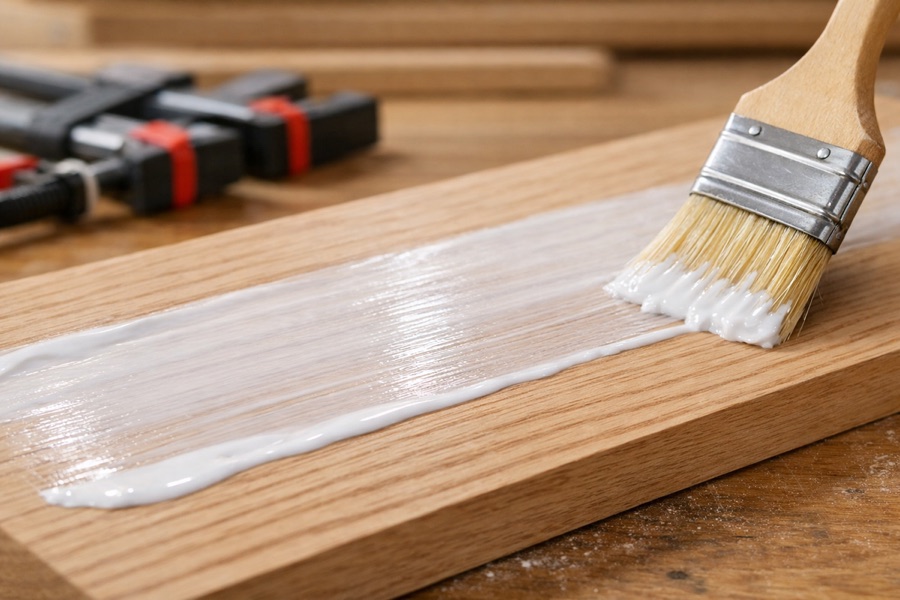 Spreading wood glue evenly on a board for a durable laminate bond