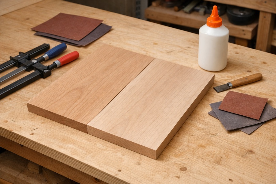 Preparing lumber boards for wood lamination with clamps and sandpaper