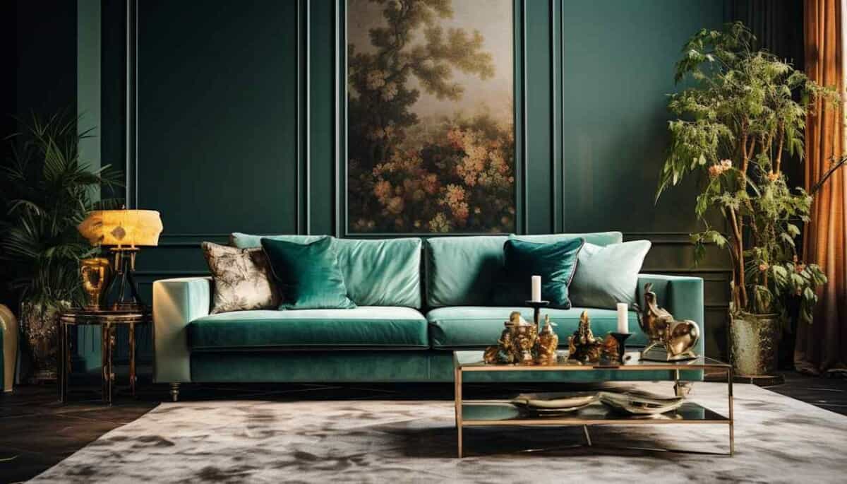 Green velvet sofa and plants