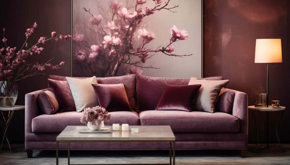 cherry tree and velvet sofa