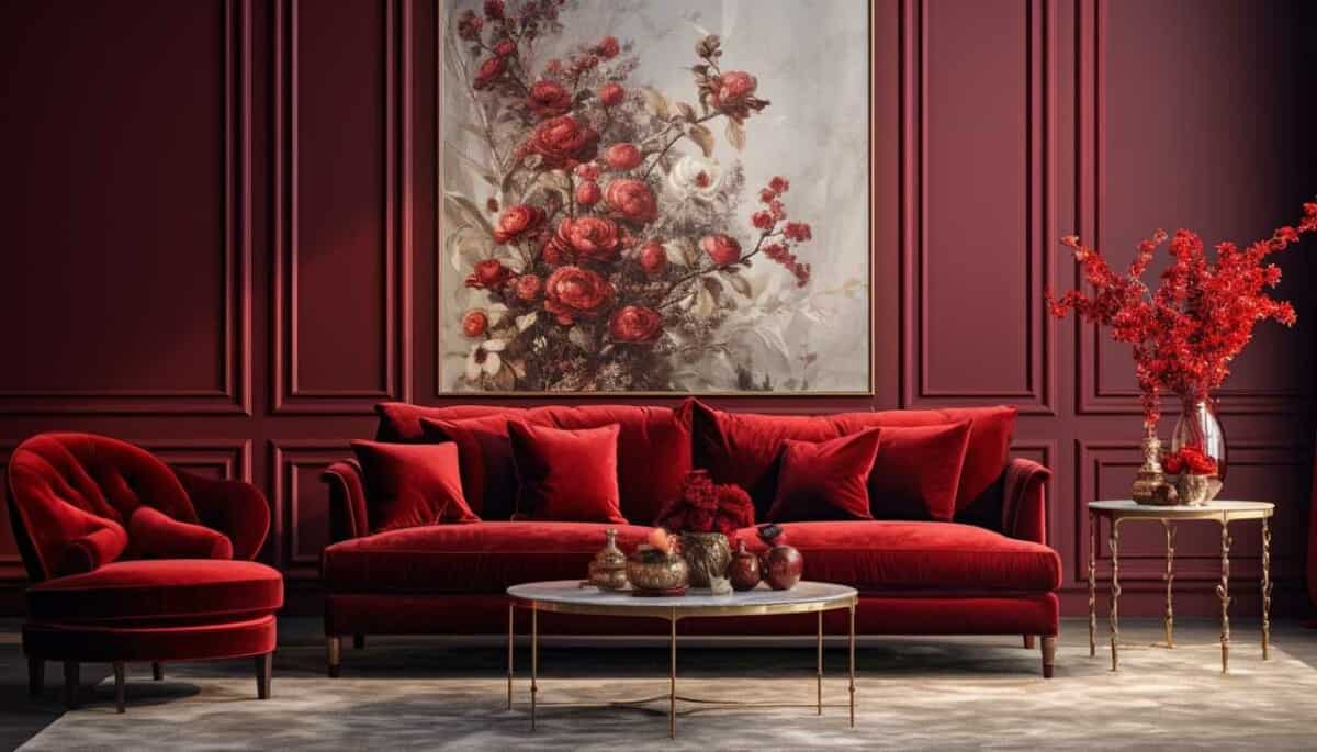 Red velvet sofa and roses