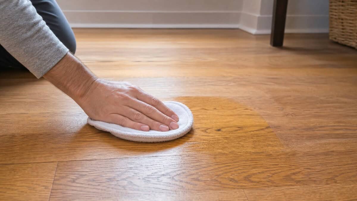 Buffing a hardwood floor with a soft pad after removing white haze