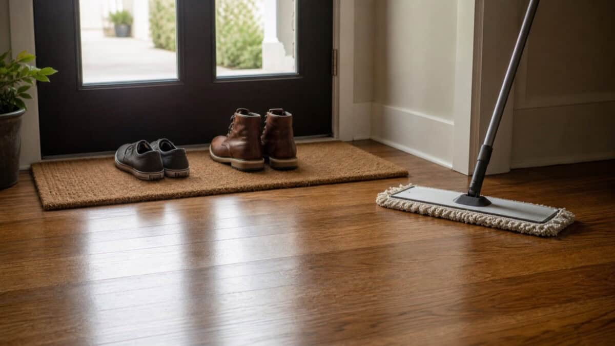 Entryway mat and dry mop setup to prevent white film on wood floors