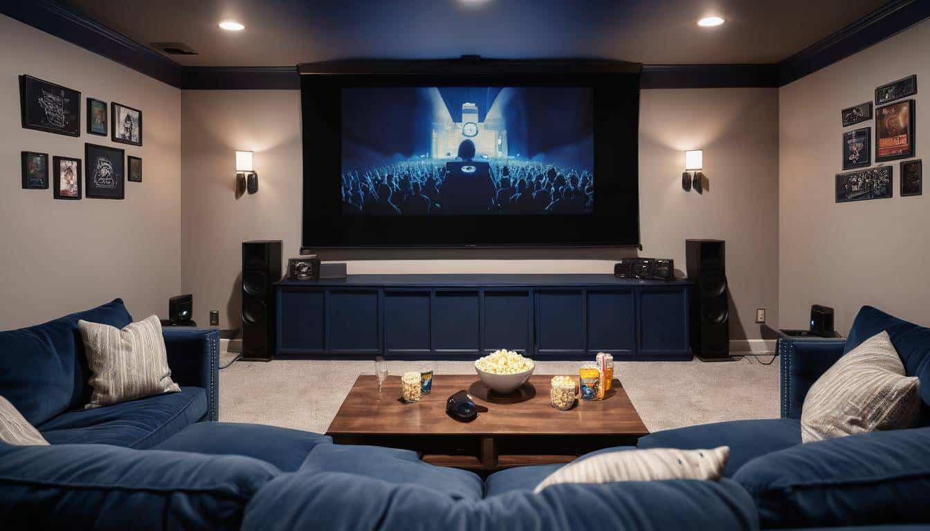 Cozy Navy Blue Home Theater Setup