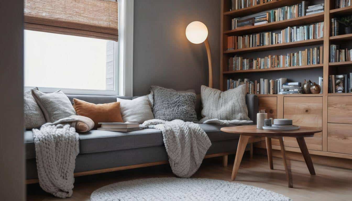 Cozy reading nook with plush textiles and wooden accents