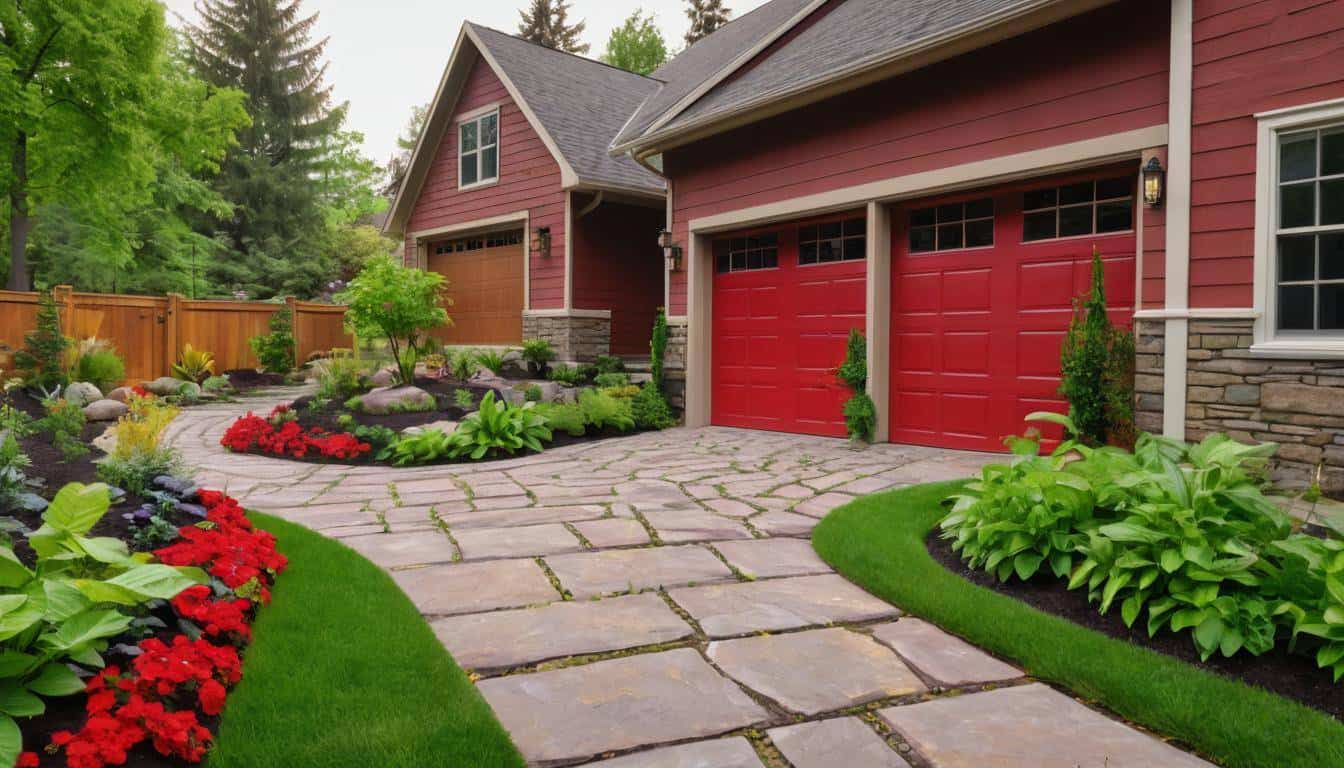 Landscape around red garage