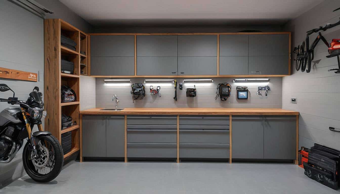 Modern garage with wood accents