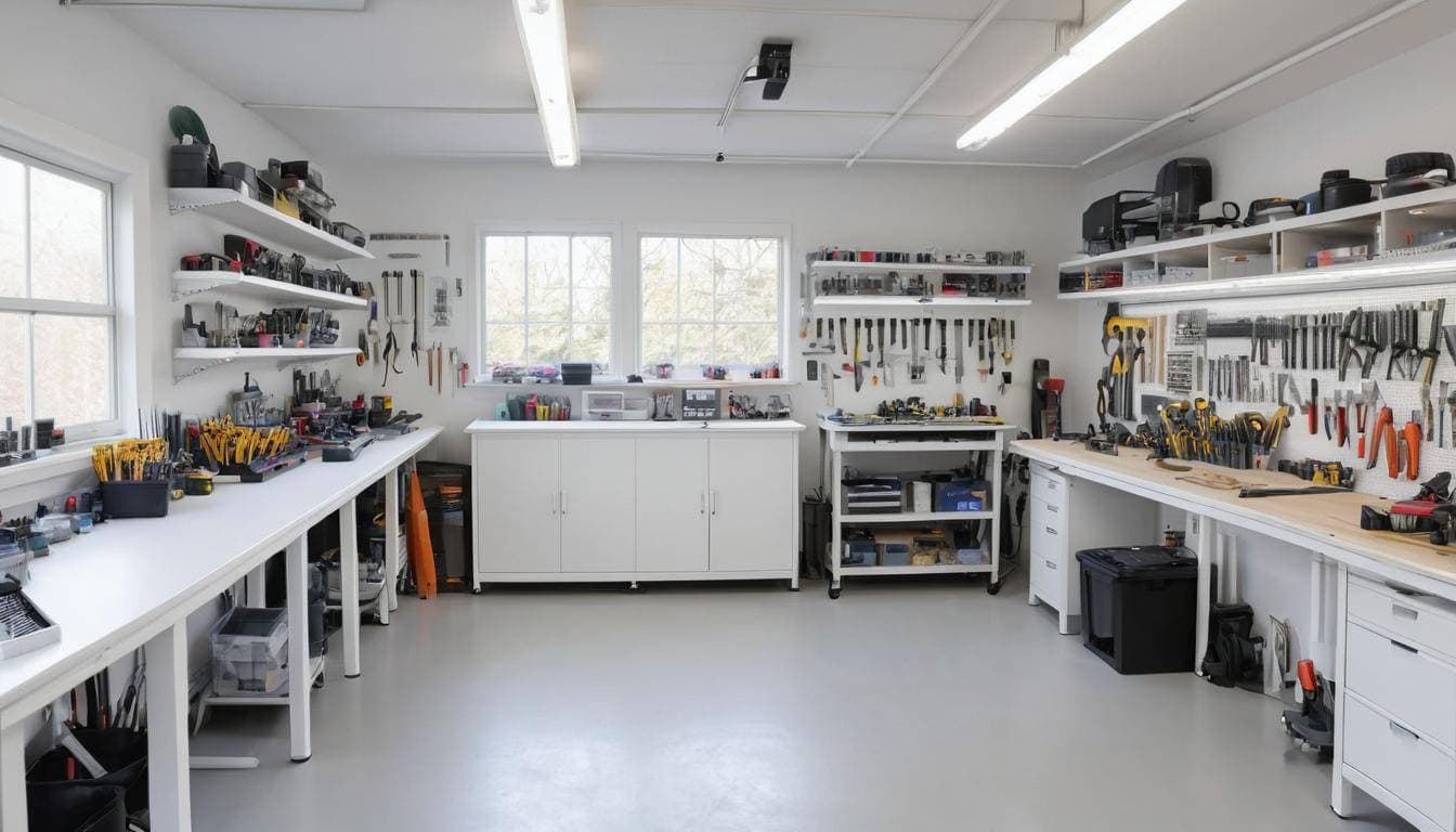 Organized white garage workspace