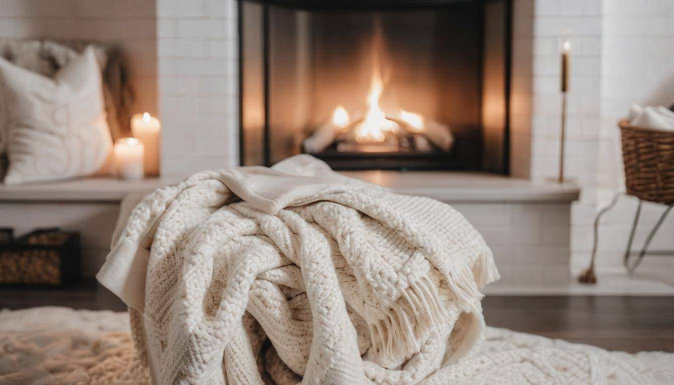 Cozy fireplace with throw blanket