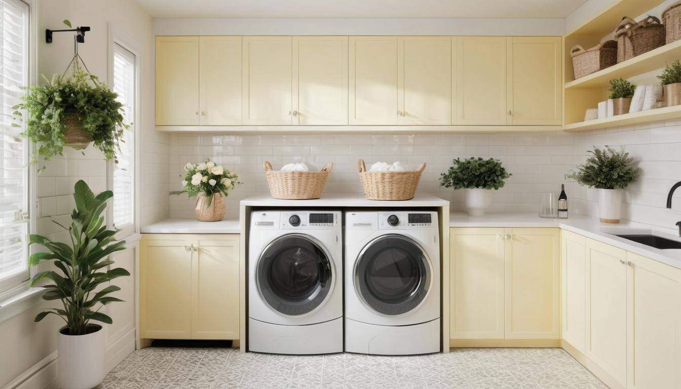 Elegant pale yellow laundry room