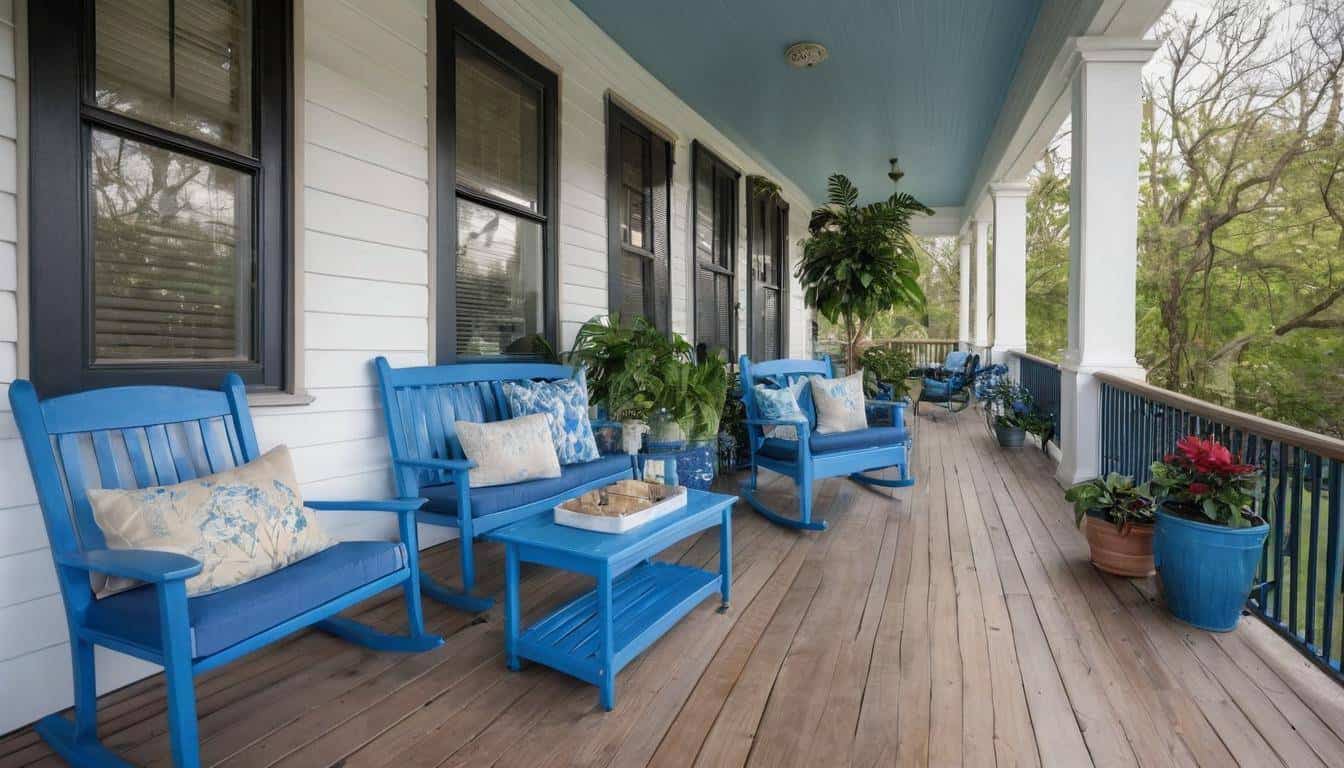 Serene front porch with blue furniture