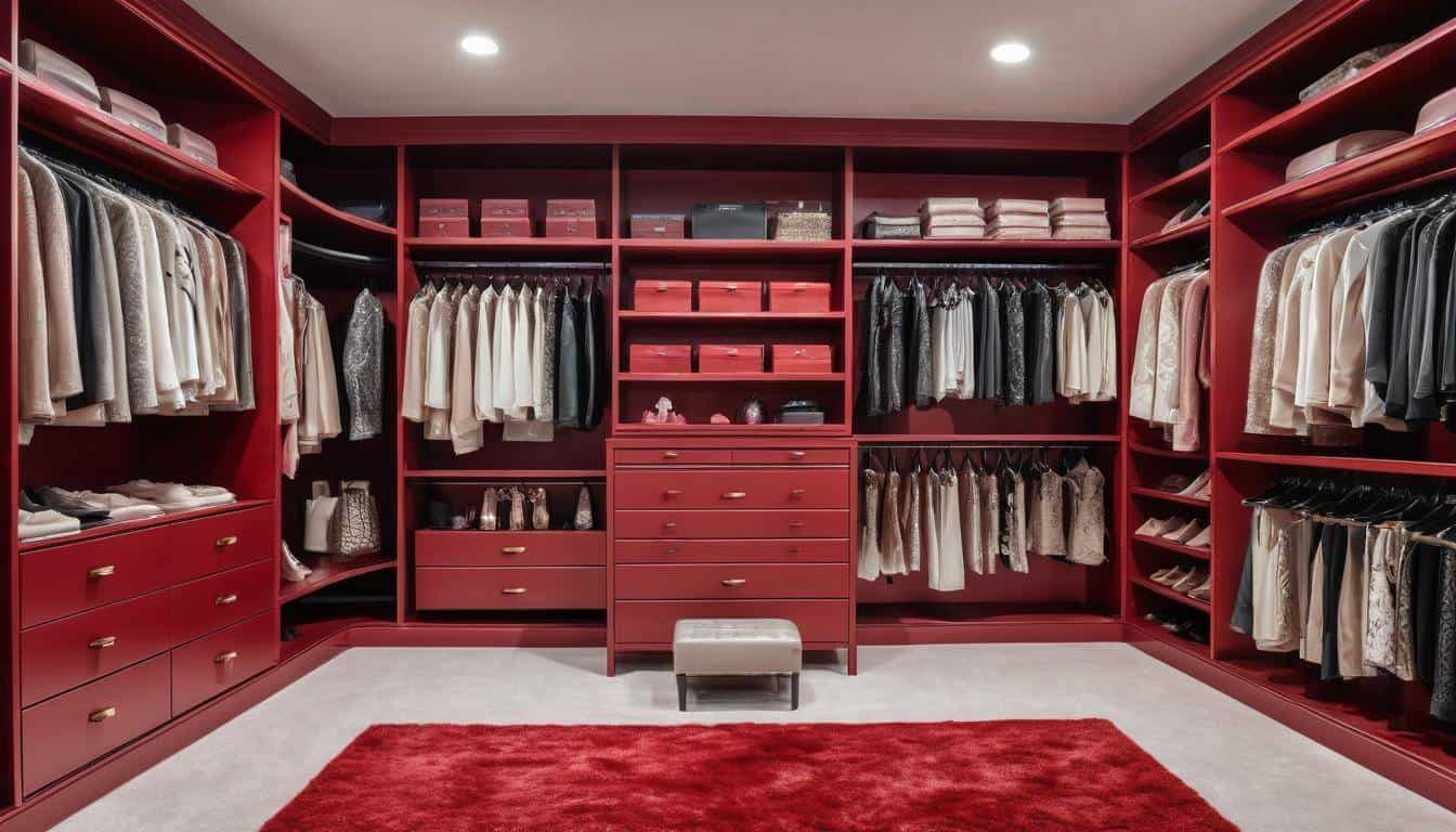 Luxurious red walk-in closet