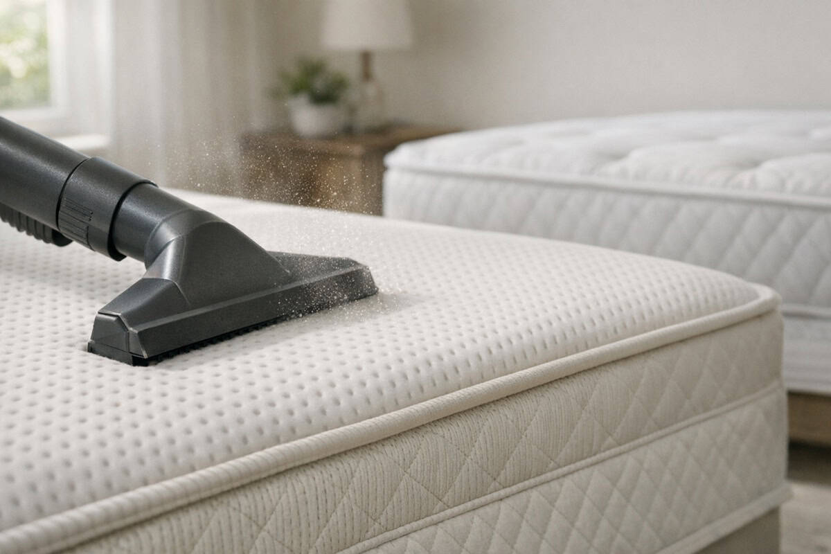 Vacuum upholstery attachment removing dust and allergens from a mattress seam