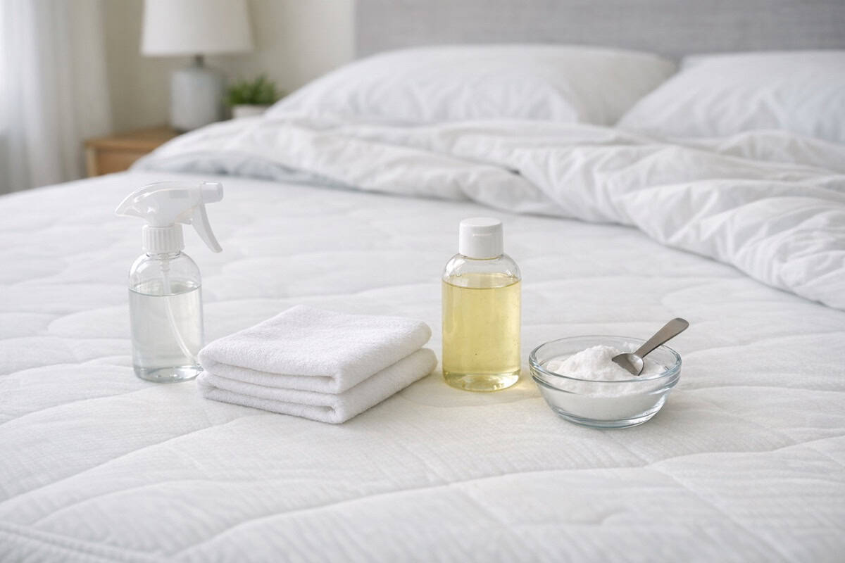 Spot cleaning supplies for mattress stains on a clean mattress