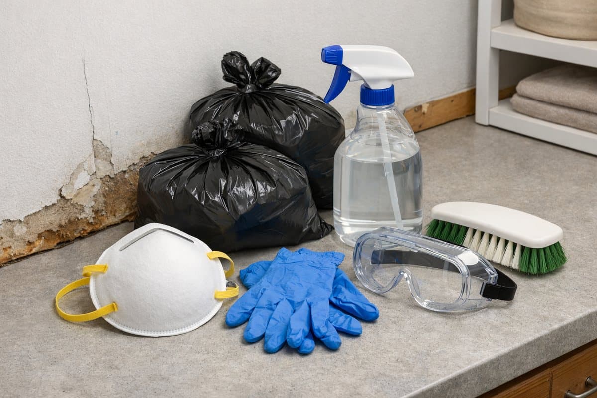 N95 respirator gloves and goggles for safe mold remediation cleanup