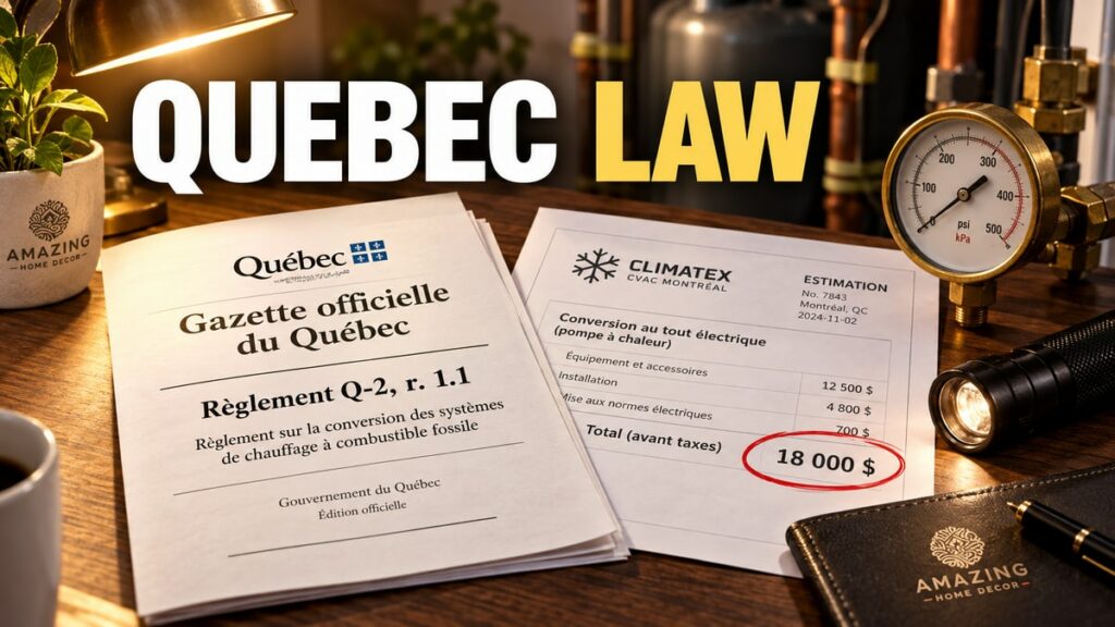 Quebec heating regulation document beside an electric conversion quote