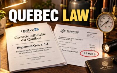 Quebec heating regulation document beside an electric conversion quote